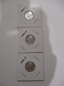 lot 55 image: 1951-P, D and S Roosevelt Silver Dimes