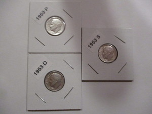 lot 56 image: 1953-P, D and S Roosevelt Silver Dimes