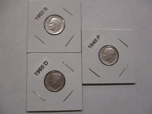 lot 58 image: 1948-P, 1952-S and 1960-D Roosevelt Silver Dimes