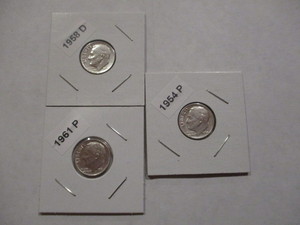 lot 59 image: 1954-P, 1958-D and 1961-P Roosevelt Silver Dimes