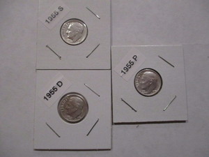 lot 60 image: 1955-P, D and S Roosevelt Silver Dimes