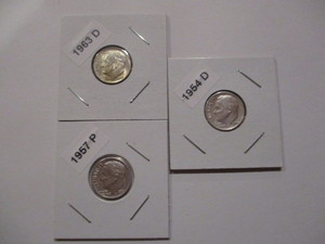 lot 62 image: 1954-D. 1957-P and 1963-D Roosevelt Silver Dimes