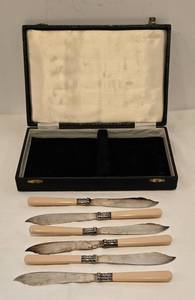 lot 210 image: Set of Antique Etched Silver-Plate Butter Knives with Bakelight Handles