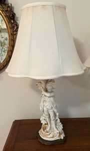 lot 108 image: Pair of Vintage Figural Porcelain and Brass Table Lamps