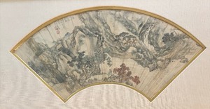 lot 159 image: Antique Chinese Ink and Color on Paper Mountainous Landscape with Figurine and Calligraphy Artwork