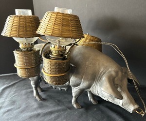 lot 344 image: Vintage Pewter Pig with Woven Baskets  Vintage Morton Steakhouse Pewter Pig Lantern