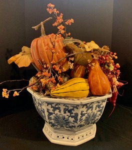 lot 273 image: Beautiful Large Potted Fall  Faux Arrangement including Gourds, Pumpkins, Leaves and Berries