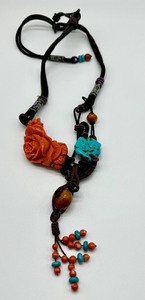 lot 306B image: Vintage Carved Pendant Necklace with Turquoise and Amber Bead Accents