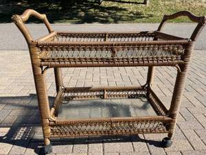lot 502 image: Vintage Two Tiered Rolling Wicker Serving Tray