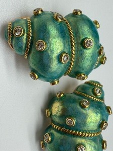 lot 47 image: 18 Karat Green Enamel Diamond Clip Earrings