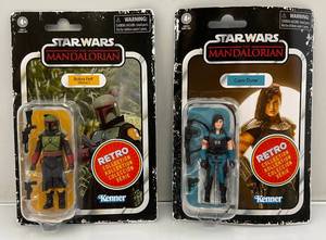 lot 52 image: Star Wars Mandalorian Retro Collection Figures Including Boba Fett (Morak) & Cara Dune (NOC)
