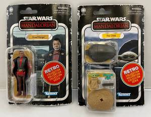 lot 56 image: Star Wars Mandalorian Retro Collection Figures Including  Greef Kargo & The Child (NOC)