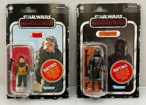 lot 57 image: Star Wars Mandalorian Retro Collection Figures Including  Kuiil & The Mandalorian Beskar (NOC)