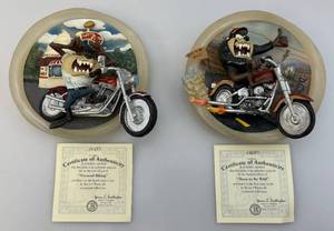 lot 169 image: Vintage Bradford Exchange Looney Tunes  Tasmanian Devil 1999 Born To Be Wid  With COA &  Greased Biking With COA 3D Plates 6 x 7 12