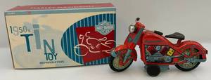 lot 176 image: Xonex Brand Limited Edition Harley Davidson Friction Drive Motorcycle 1950s Tin Toy Reproduction (Pre-Owned In Original Box)