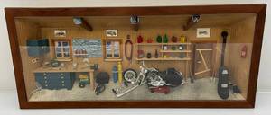 lot 184 image: Vintage POLIISH Handmade Wooden 3D Picture Diarama Harley Davidson Motorcycle Shop 10 x 22 12 Glass Front