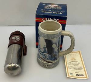 lot 198 image: Vintage Pyrene Fire Extinguisher With Mount & Miller Beer Collectors Stein Thrid In The Series Winter Watch (NIB)