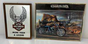 lot 202 image: Harley Davidson Mirror 12 x 16 & Framed Motorcycle Print 16 x 20