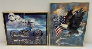 lot 203 image: Framed Prints Including Motorcycle & Eagle With Flag  16 x 20