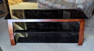 lot 86A image: Tiered Wood and Glass Entertainment Stand