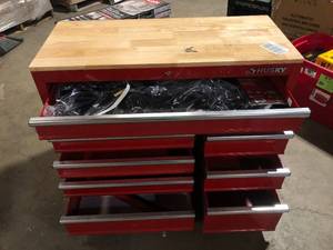lot 13 image: Husky 42 in. W x 18.1 in. D 8-Drawer Red Mobile Workbench Cabinet with Solid Wood Top    Customer Returns See Pictures