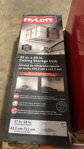 lot 16 image: 3 Boxes of HyLoft White Adjustable Metal Overhead Garage Storage Rack (45 in W x 45 in D)  Customer Returns See Pictures