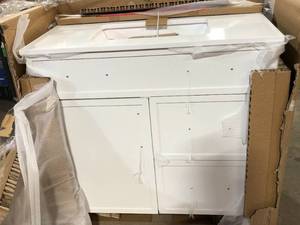 lot 41 image: Home Decorators Collection Bilston 36 in. W x 19 in. D x 34 in. H Single Sink Bath Vanity in White with White Engineered Stone Top   Customer Returns See Pictures