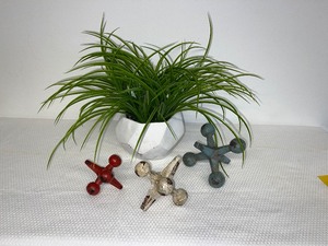 Modern, Heavy potted Faux Plant and 3 Accent Jacks (Metal)