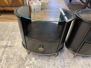 Set Of 2 Oval Black Wood and Glass End Tables or Night Stands