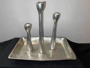 Lot of Polished Metal Candlesticks and Tray
