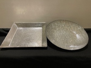 Lot of 2 Aluminum Tray with Glazed Glass Plate