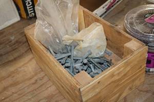 lot 840 image: Lot of  Assorted Bolts, Lag Screws, Anchors with Wooden Case