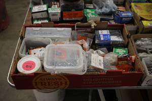 lot 857 image: Lot of (1 Box) Assorted Fasteners - Bolts, Washers, Nuts, Nails, Screws