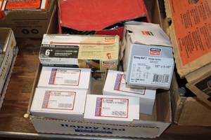 lot 859 image: Lot of (1 Box) Assorted Fasteners - Staples, Truss Screws, Bolts