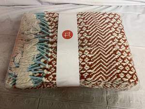 lot 84 image: Rivet Modern Hand-Woven Stripe Fringe Throw Blanket - 50 x 60 - Burnt Sienna & Teal