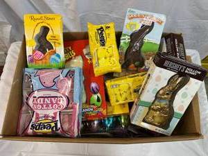 Large Box Filled With Easter Candy & Plastic Eggs