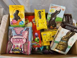 Large Box Filled With Easter Candy & Plastic Eggs