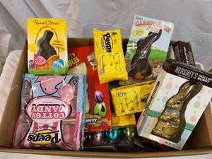 Large Box Filled With Easter Candy & Plastic Eggs