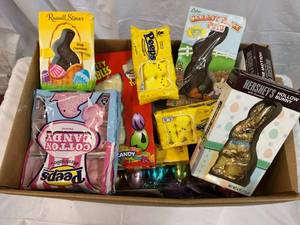 Large Box Filled With Easter Candy & Plastic Eggs