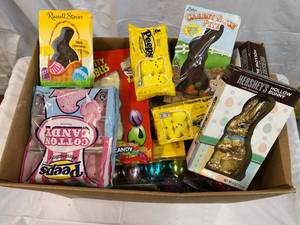 Large Box Filled With Easter Candy & Plastic Eggs