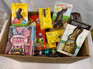 Large Box Filled With Easter Candy & Plastic Eggs