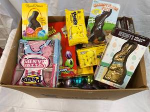 Large Box Filled With Easter Candy & Plastic Eggs