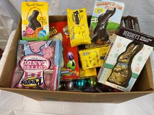 Large Box Filled With Easter Candy & Plastic Eggs