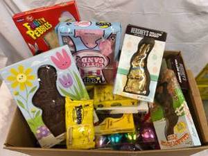 Large Box Filled With Easter Candy & Plastic Eggs