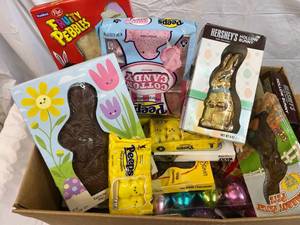 Large Box Filled With Easter Candy & Plastic Eggs