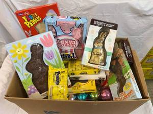 Large Box Filled With Easter Candy & Plastic Eggs