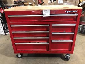 Husky 42 in. W x 18.1 in. D 8-Drawer Red Mobile Workbench Cabinet with Solid Wood Top  Rusted Customer Returns See Pictures