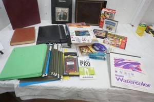 lot 22 image: Office supplies, Art Books, Sketch paper, 3 File Holders, & computer Programs