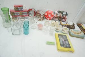 lot 29 image: Glassware, Tins, Tool Kit, Peppermint Tea,