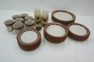 lot 216 image: Carousel Stoneware Dinner Set  for 6, coffee cups, Drinking Glasses, Plates, saucers, bowls